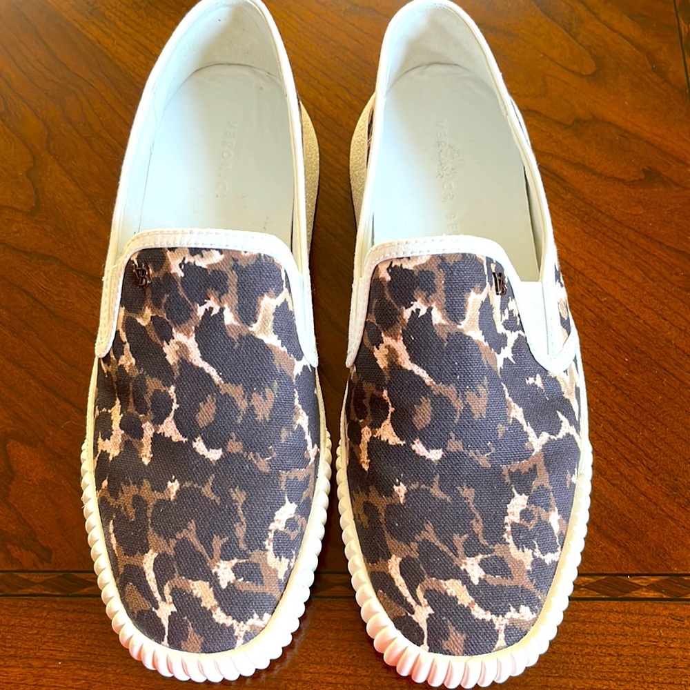 Veronica Beard canvas animal print slip on sneakers